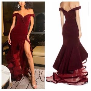 MAC DUGGAL Burgundy Red Velvet Off Shoulder Sweetheart Ruffle Gown w Slit Sz 6